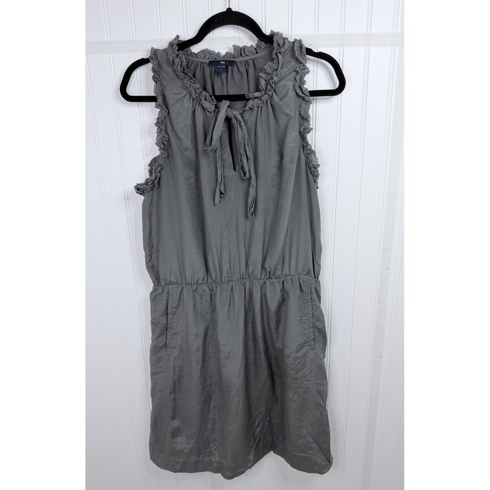 Gap Dress Women‎ Large Gray Silk Blend Ruffle Neck Sleeveless Tie Front Mini